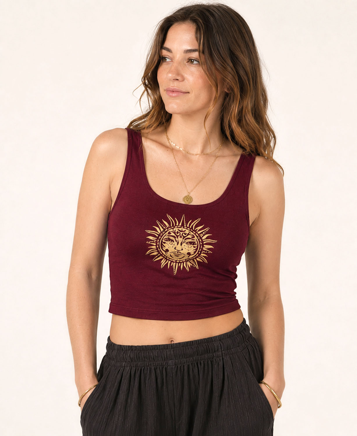 Celestial Sun Art Organic Cropped Tank - Burgundy