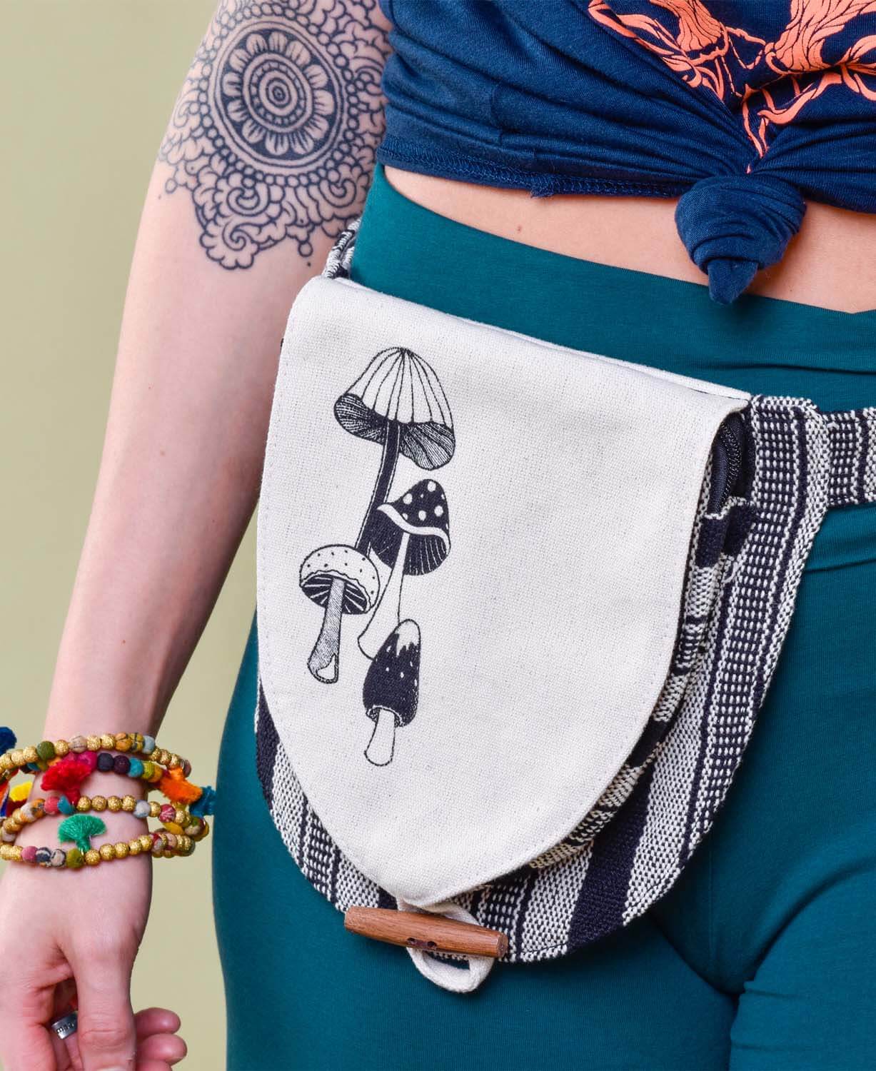Retro Mushrooms Canvas Hip Bag - Natural